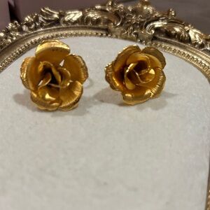Vintage Gold Tone Rose Earrings Gold Floral Earrings